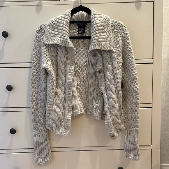Theory Cashmere Light Grey Cable Knit Sweater Cardigan Sz Small - Picture 1 of 4
